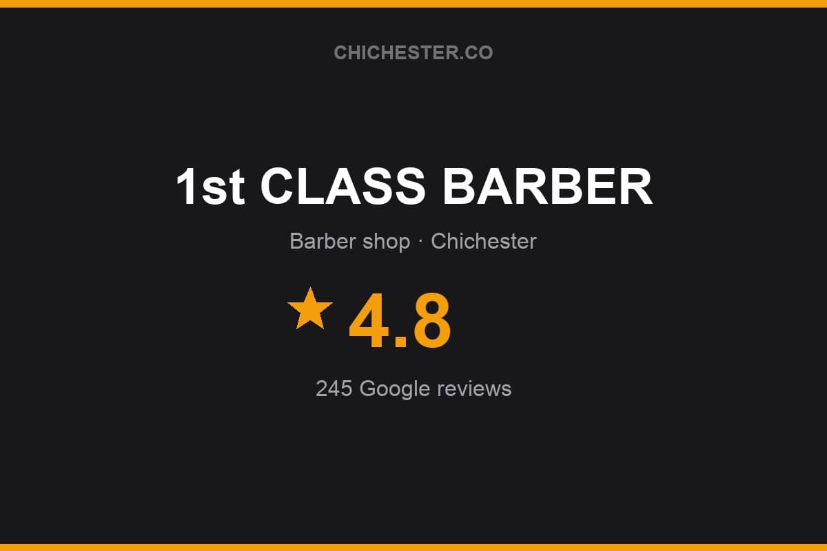 Branded Chichester Directory rating card for 1st CLASS BARBER: 4.8 stars, 245 Google reviews