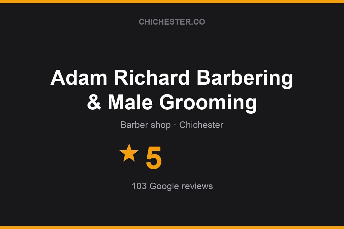 Branded Chichester Directory rating card for Adam Richard Barbering & Male Grooming: 5 stars, 103 Google reviews
