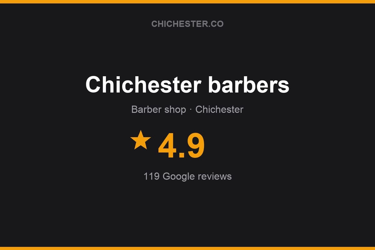 Branded Chichester Directory rating card for Chichester barbers: 4.9 stars, 119 Google reviews