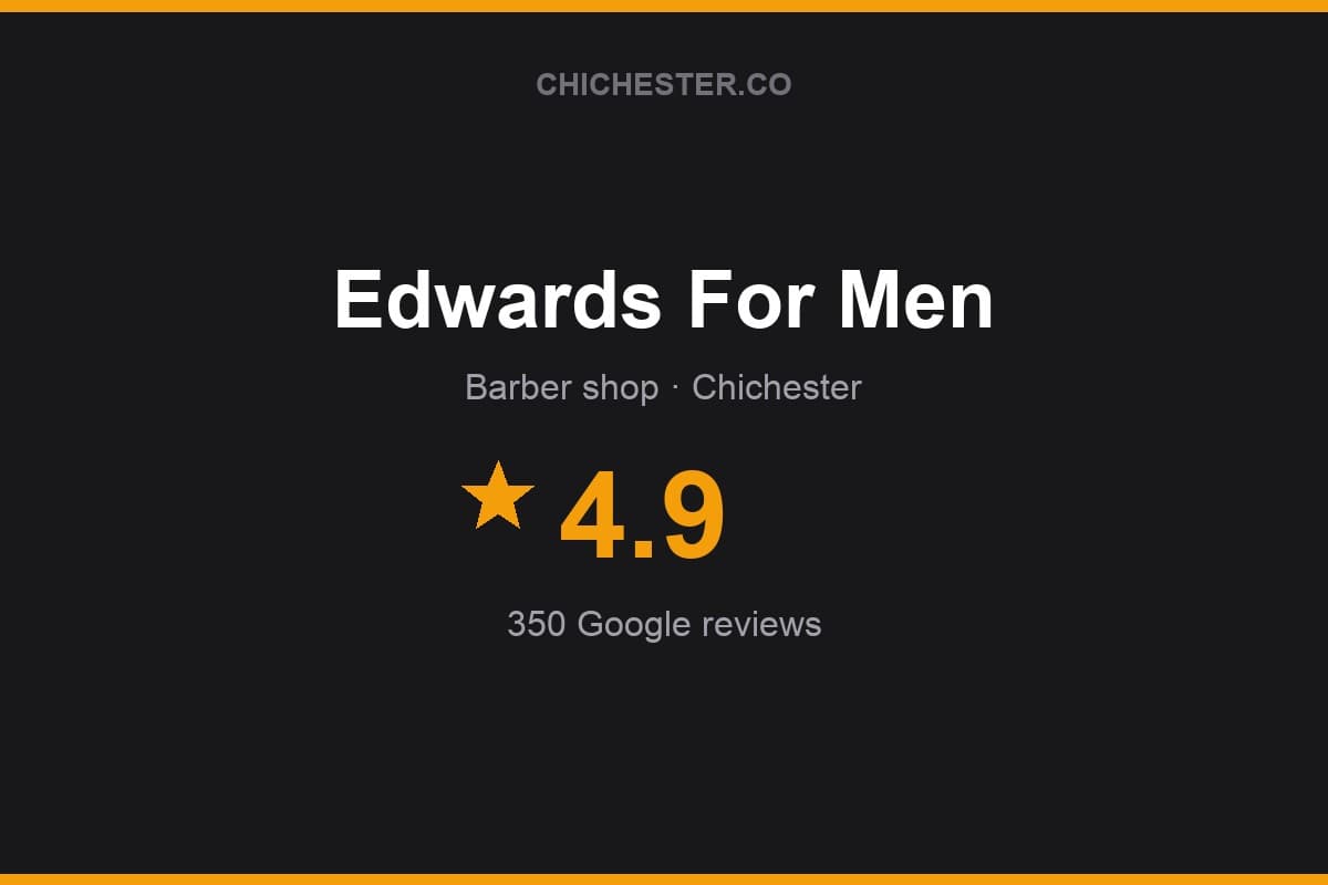 Branded Chichester Directory rating card for Edwards For Men: 4.9 stars, 350 Google reviews