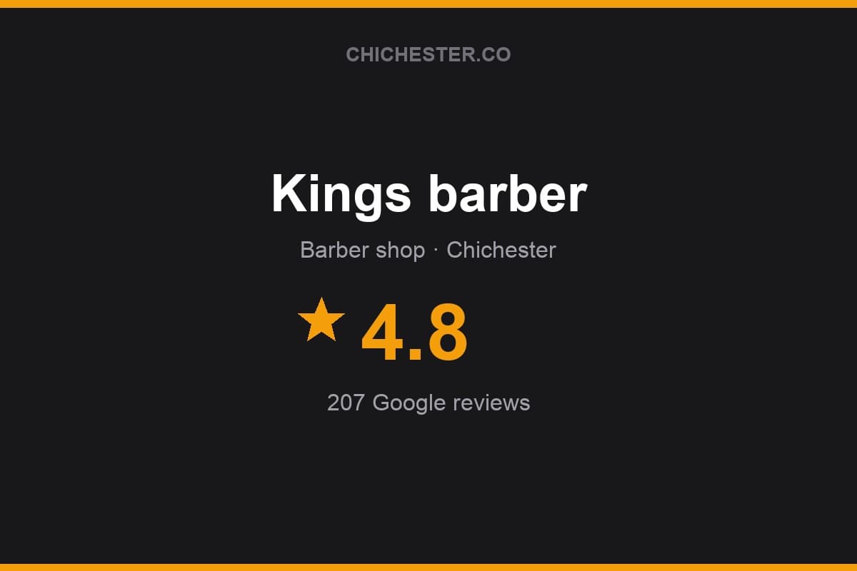 Branded Chichester Directory rating card for Kings barber: 4.8 stars, 207 Google reviews