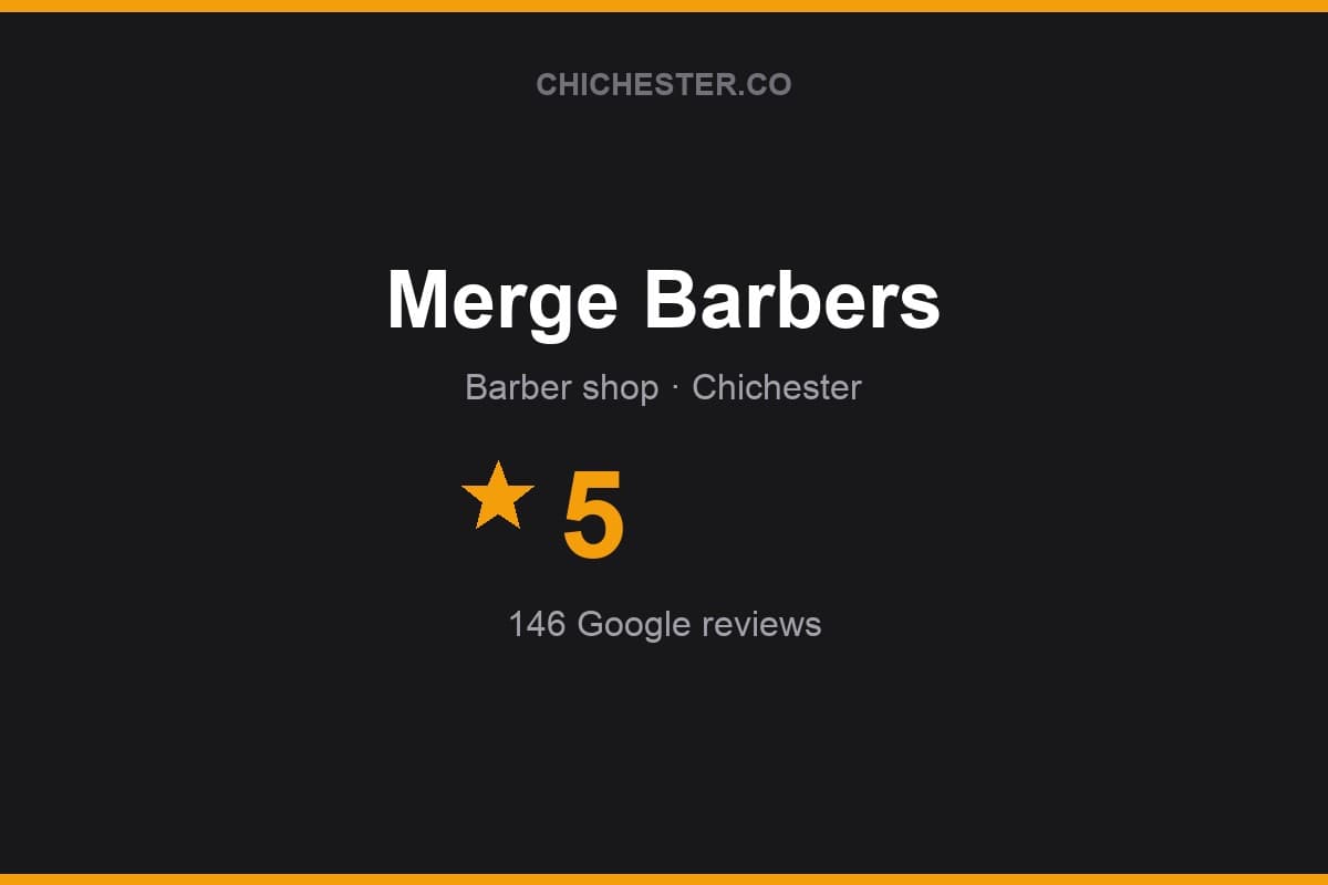 Branded Chichester Directory rating card for Merge Barbers: 5 stars, 146 Google reviews