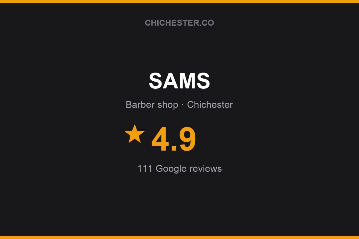 Branded Chichester Directory rating card for SAMS: 4.9 stars, 111 Google reviews