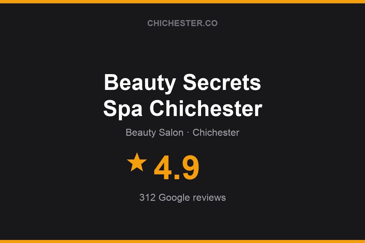 Branded Chichester Directory rating card for Beauty Secrets Spa Chichester: 4.9 stars, 312 Google reviews