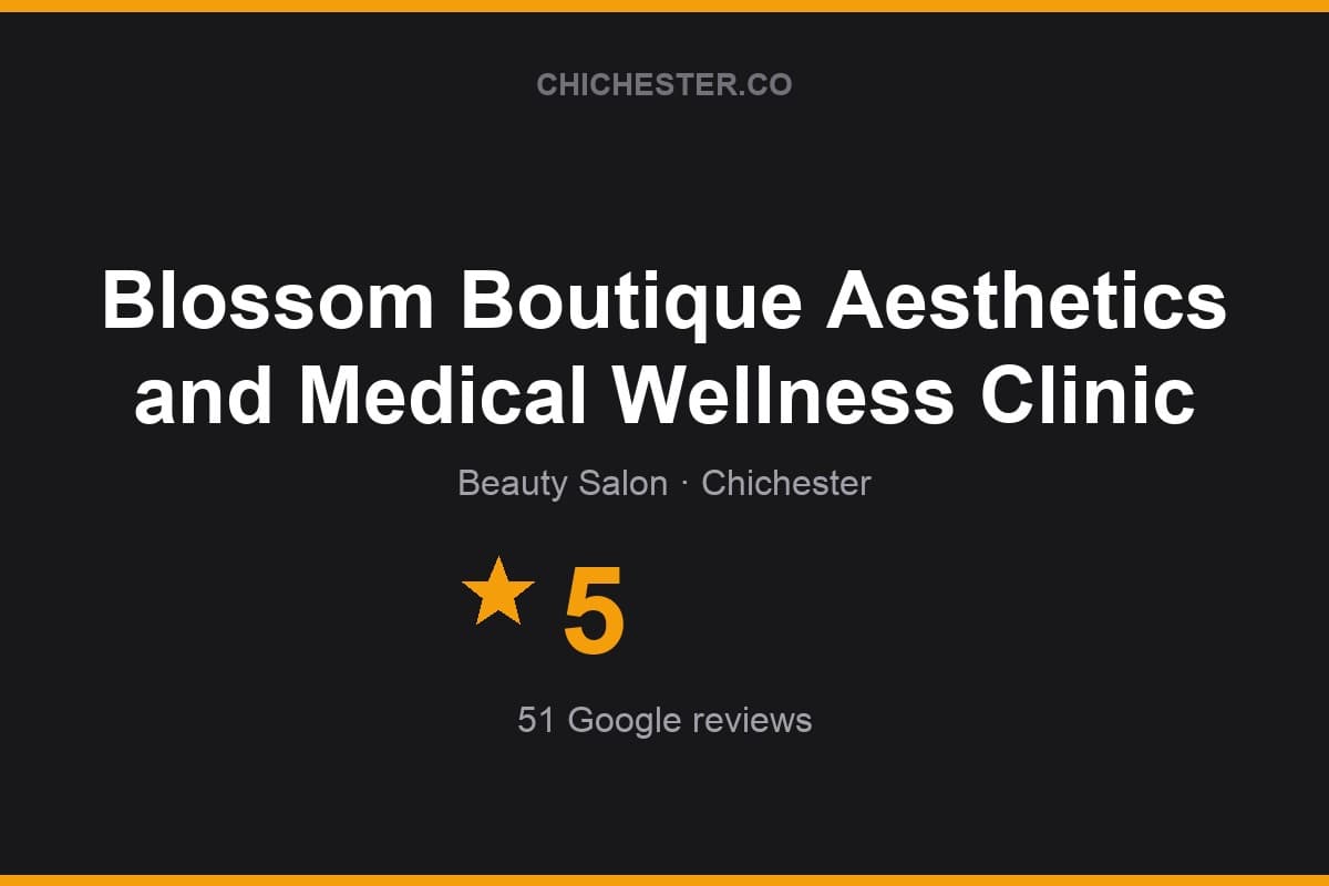 Branded Chichester Directory rating card for Blossom Boutique Aesthetics and Medical Wellness Clinic: 5 stars, 51 Google reviews