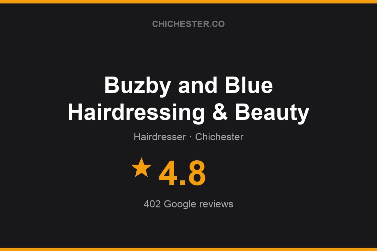 Branded Chichester Directory rating card for Buzby and Blue Hairdressing & Beauty: 4.8 stars, 402 Google reviews