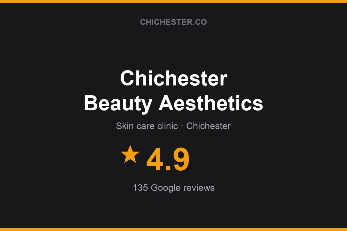 Branded Chichester Directory rating card for Chichester Beauty Aesthetics: 4.9 stars, 135 Google reviews