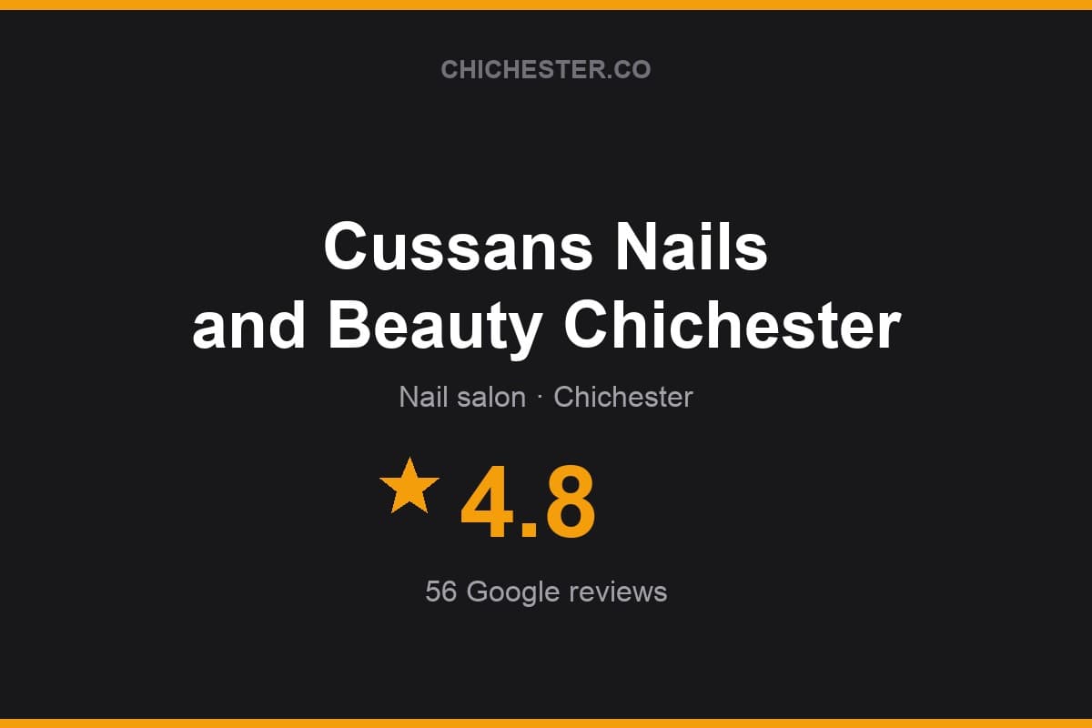 Branded Chichester Directory rating card for Cussans Nails and Beauty Chichester: 4.8 stars, 56 Google reviews