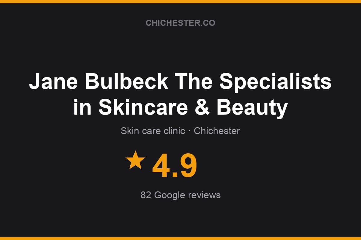 Branded Chichester Directory rating card for Jane Bulbeck The Specialists in Skincare & Beauty: 4.9 stars, 82 Google reviews