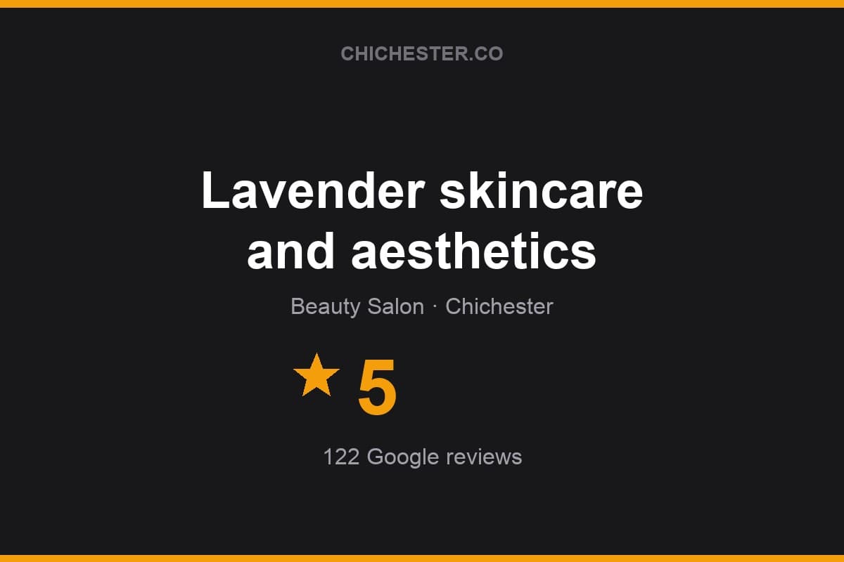 Branded Chichester Directory rating card for Lavender skincare and aesthetics: 5 stars, 122 Google reviews