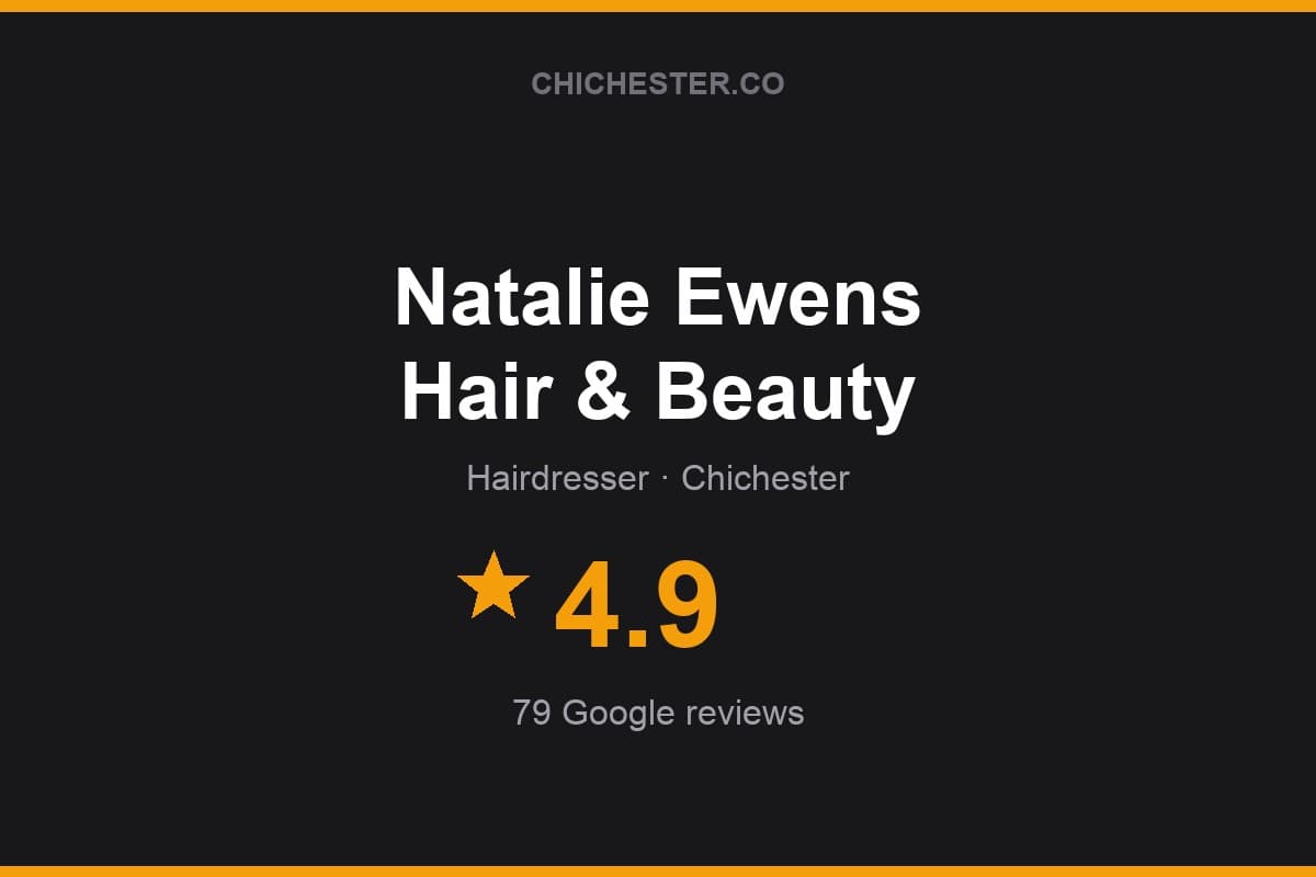 Branded Chichester Directory rating card for Natalie Ewens Hair & Beauty: 4.9 stars, 79 Google reviews