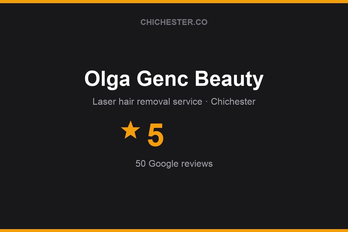 Branded Chichester Directory rating card for Olga Genc Beauty: 5 stars, 50 Google reviews