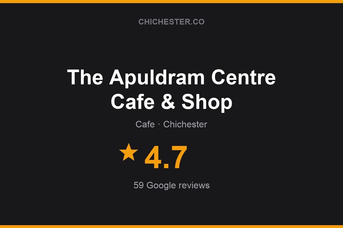 Branded Chichester Directory rating card for The Apuldram Centre Cafe & Shop: 4.7 stars, 59 Google reviews