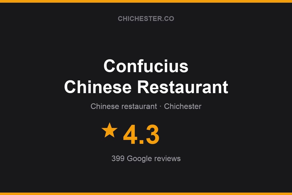 Branded Chichester Directory rating card for Confucius Chinese Restaurant: 4.3 stars, 399 Google reviews