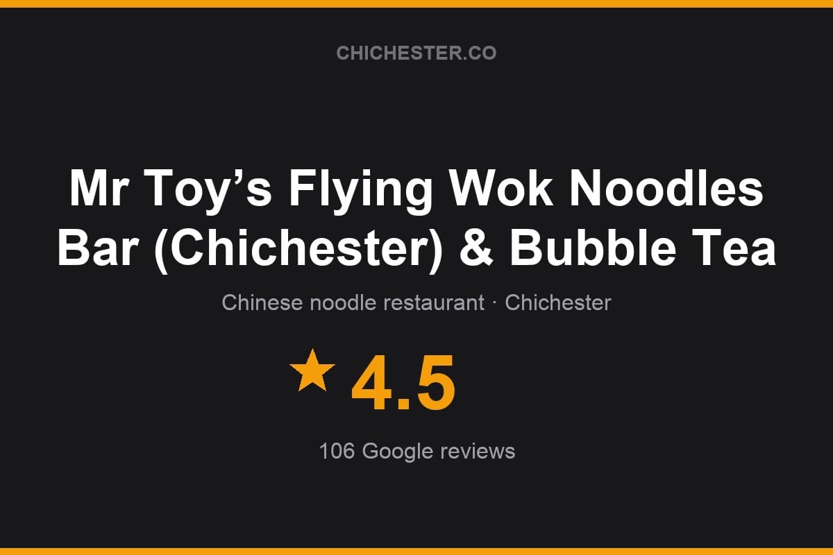 Branded Chichester Directory rating card for Mr Toyβs Flying Wok Noodles Bar (Chichester) & Bubble Tea: 4.5 stars, 106 Google reviews