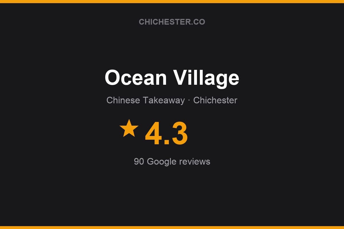 Branded Chichester Directory rating card for Ocean Village: 4.3 stars, 90 Google reviews