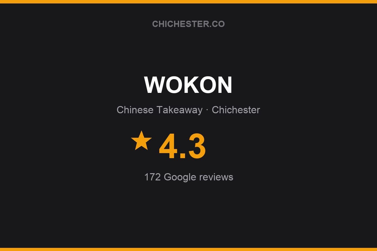 Branded Chichester Directory rating card for WOKON: 4.3 stars, 172 Google reviews