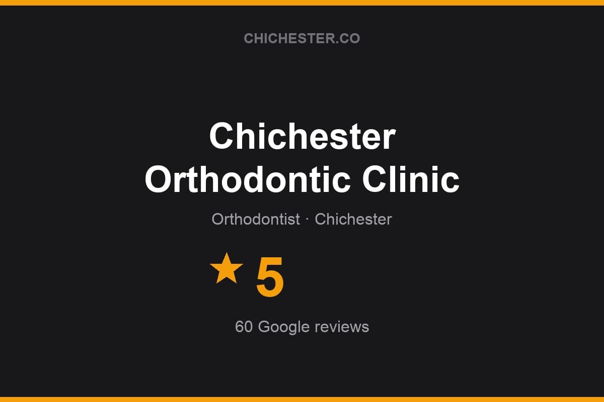 Branded Chichester Directory rating card for Chichester Orthodontic Clinic: 5 stars, 60 Google reviews