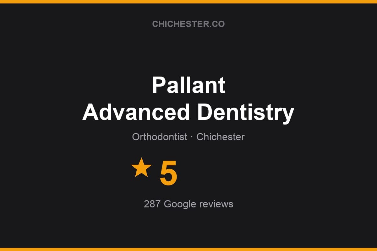Branded Chichester Directory rating card for Pallant Advanced Dentistry: 5 stars, 287 Google reviews