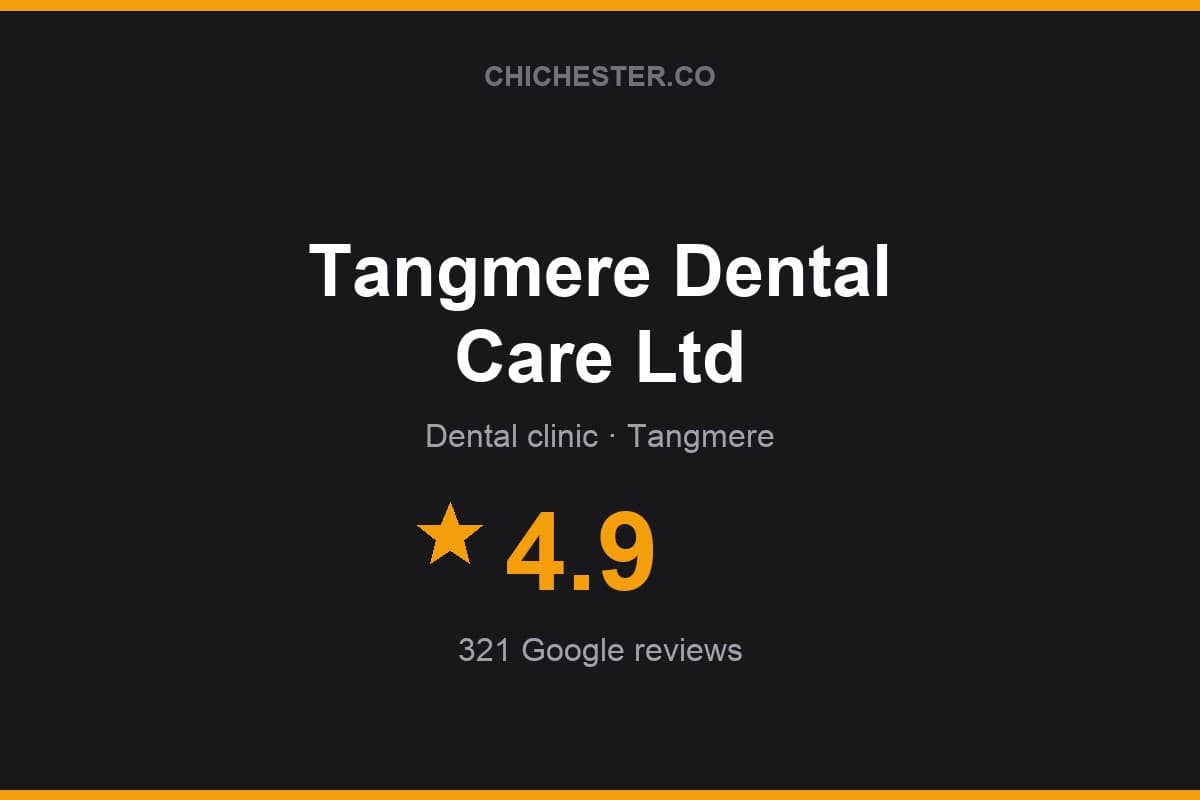 Branded Chichester Directory rating card for Tangmere Dental Care Ltd: 4.9 stars, 321 Google reviews