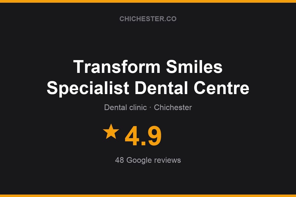 Branded Chichester Directory rating card for Transform Smiles Specialist Dental Centre: 4.9 stars, 48 Google reviews