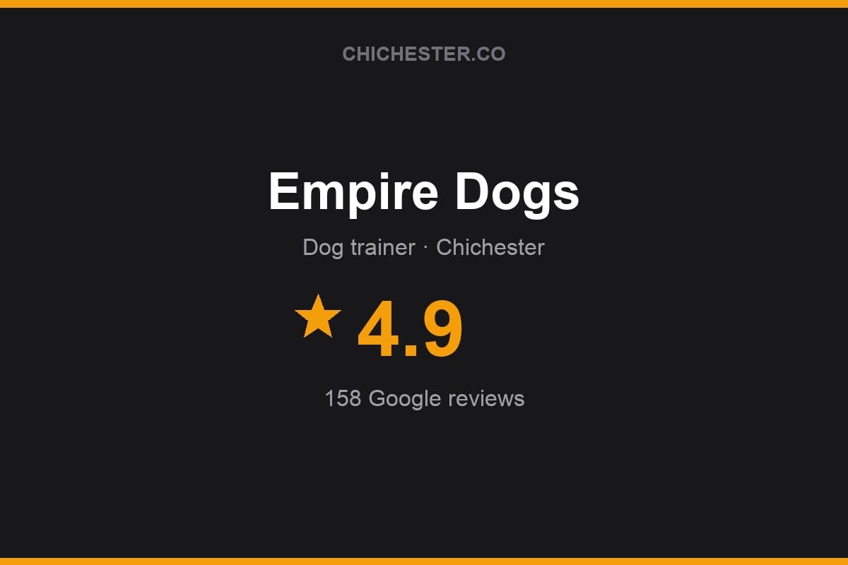 Branded Chichester Directory rating card for Empire Dogs: 4.9 stars, 158 Google reviews