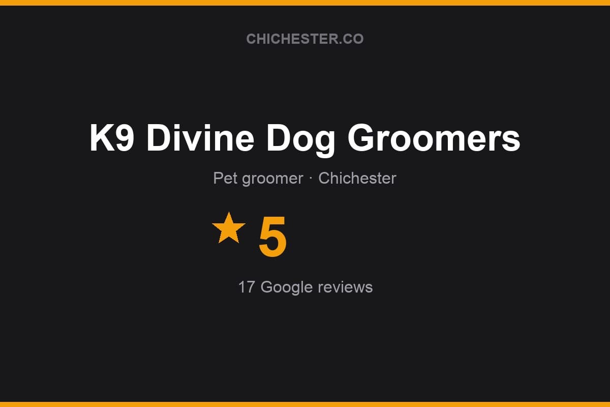 Branded Chichester Directory rating card for K9 Divine Dog Groomers: 5 stars, 17 Google reviews