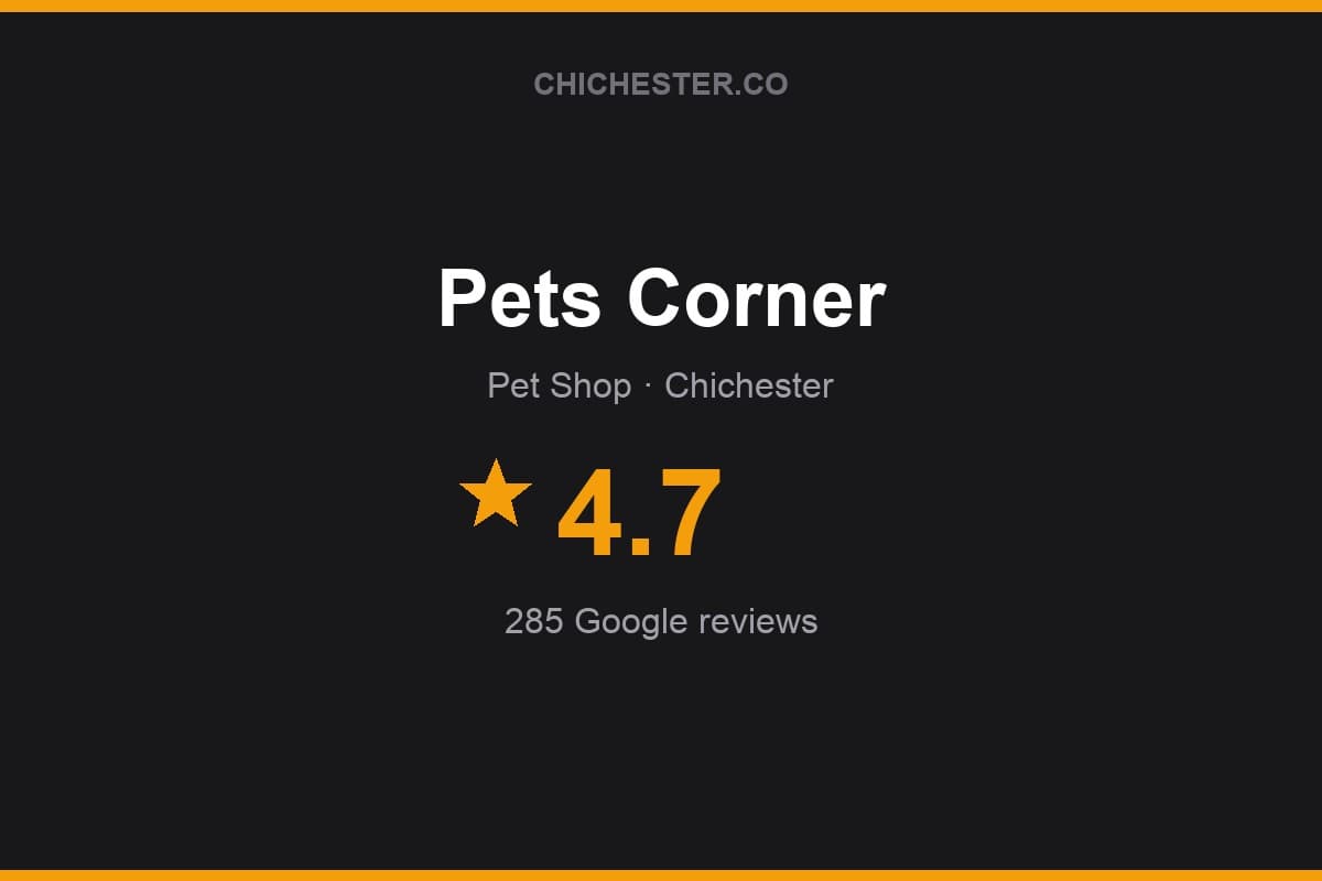 Branded Chichester Directory rating card for Pets Corner: 4.7 stars, 285 Google reviews