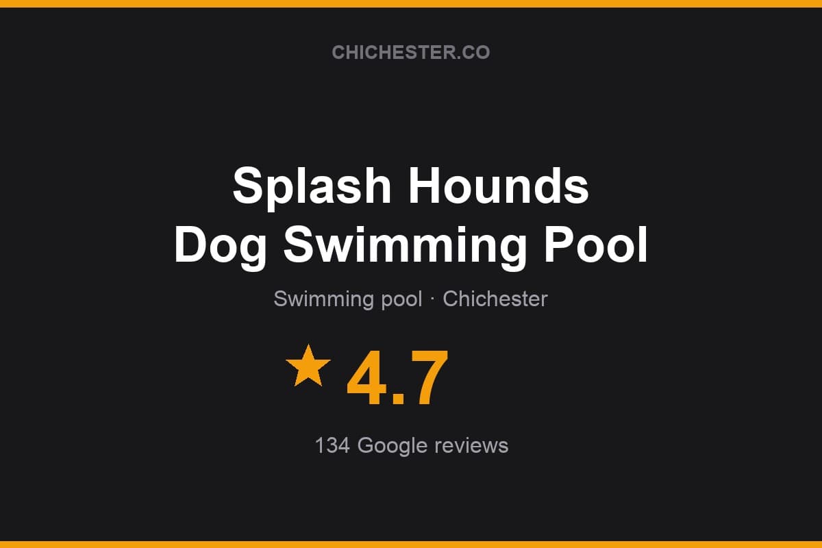 Branded Chichester Directory rating card for Splash Hounds Dog Swimming Pool: 4.7 stars, 134 Google reviews