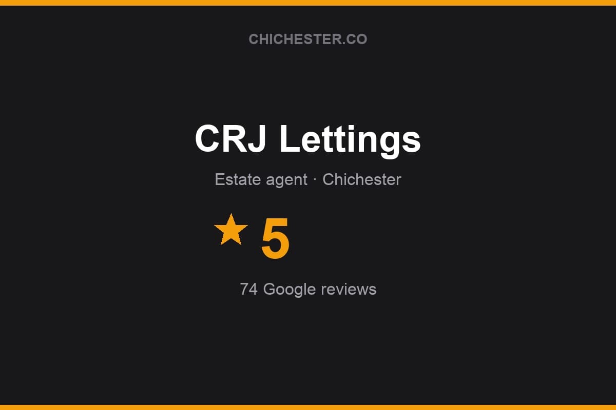 Branded Chichester Directory rating card for CRJ Lettings: 5 stars, 74 Google reviews