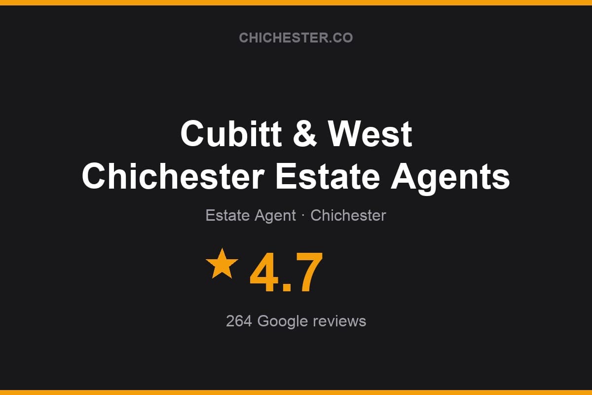 Branded Chichester Directory rating card for Cubitt & West Chichester Estate Agents: 4.7 stars, 264 Google reviews