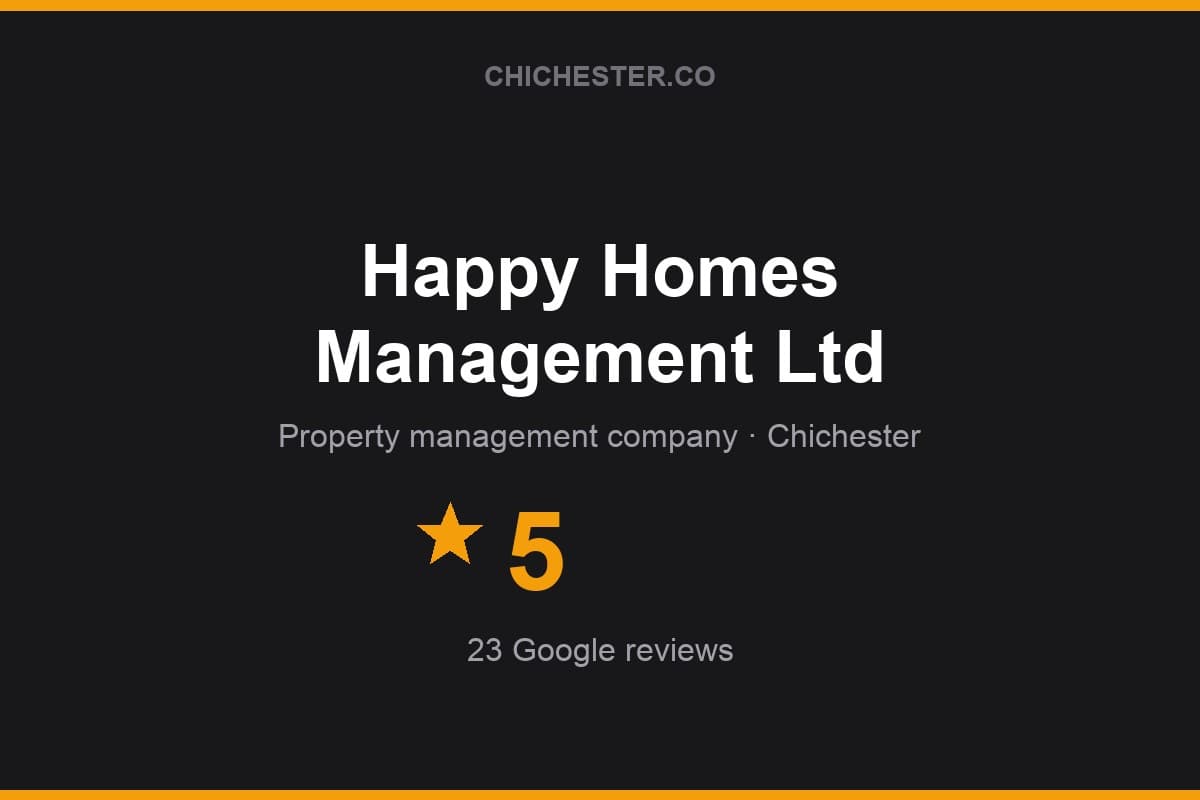 Branded Chichester Directory rating card for Happy Homes Management Ltd: 5 stars, 23 Google reviews
