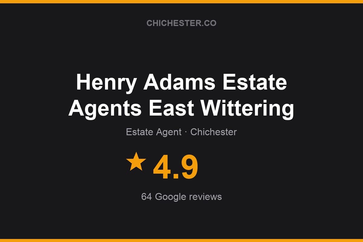 Branded Chichester Directory rating card for Henry Adams Estate Agents East Wittering: 4.9 stars, 64 Google reviews