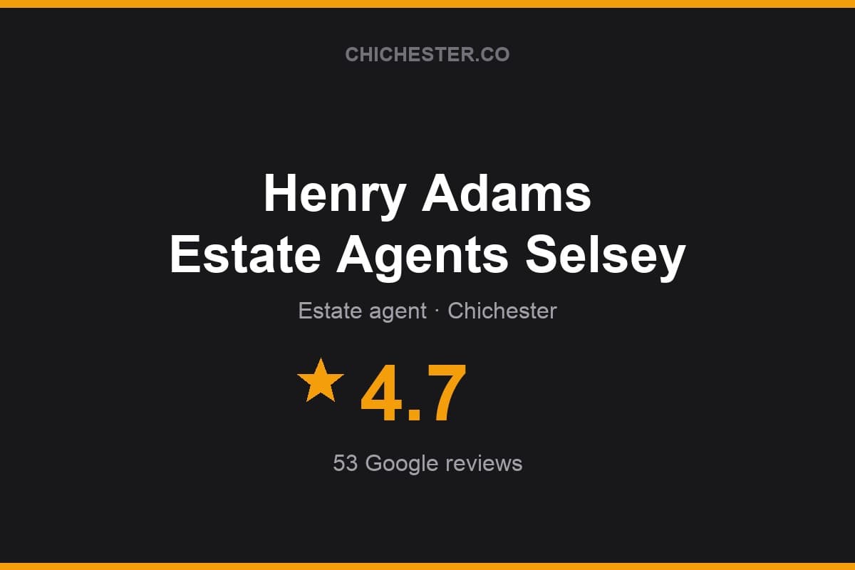 Branded Chichester Directory rating card for Henry Adams Estate Agents Selsey: 4.7 stars, 53 Google reviews