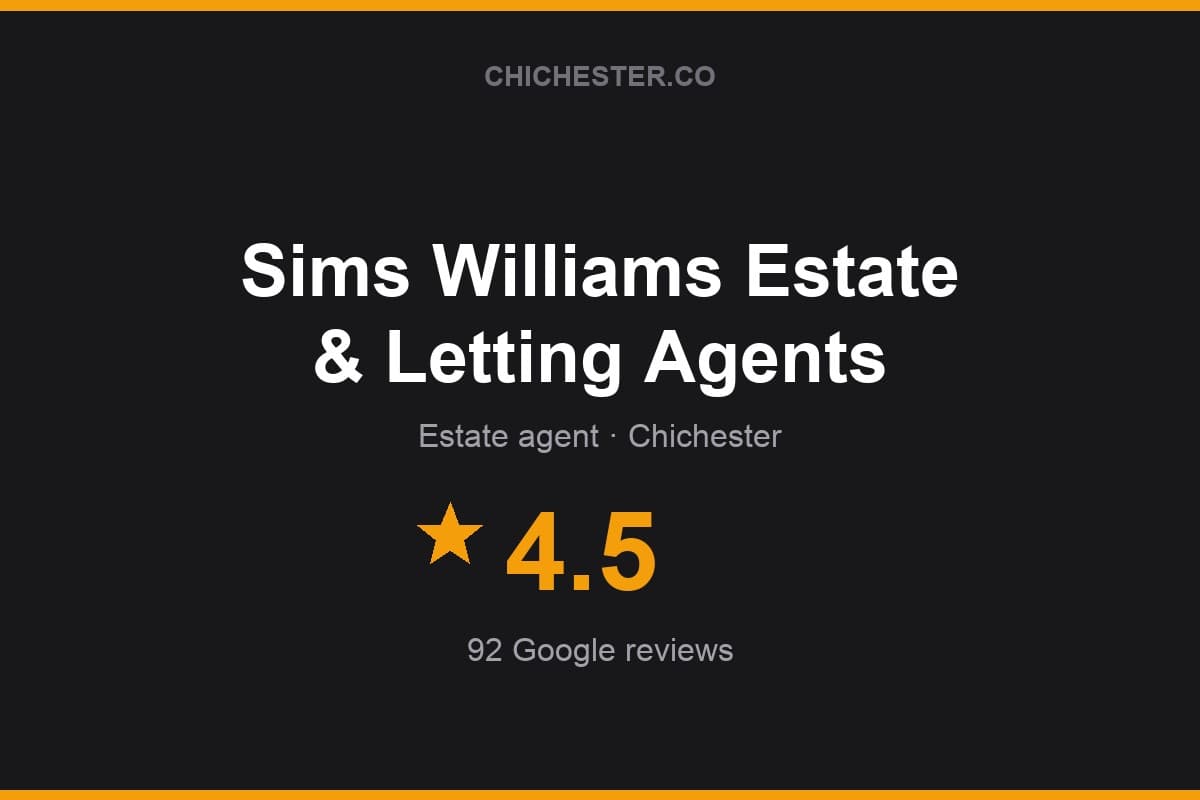 Branded Chichester Directory rating card for Sims Williams Estate & Letting Agents: 4.5 stars, 92 Google reviews