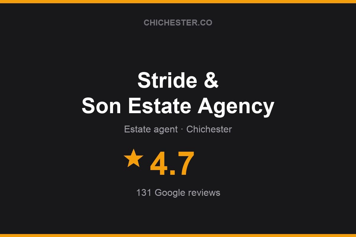 Branded Chichester Directory rating card for Stride & Son Estate Agency: 4.7 stars, 131 Google reviews