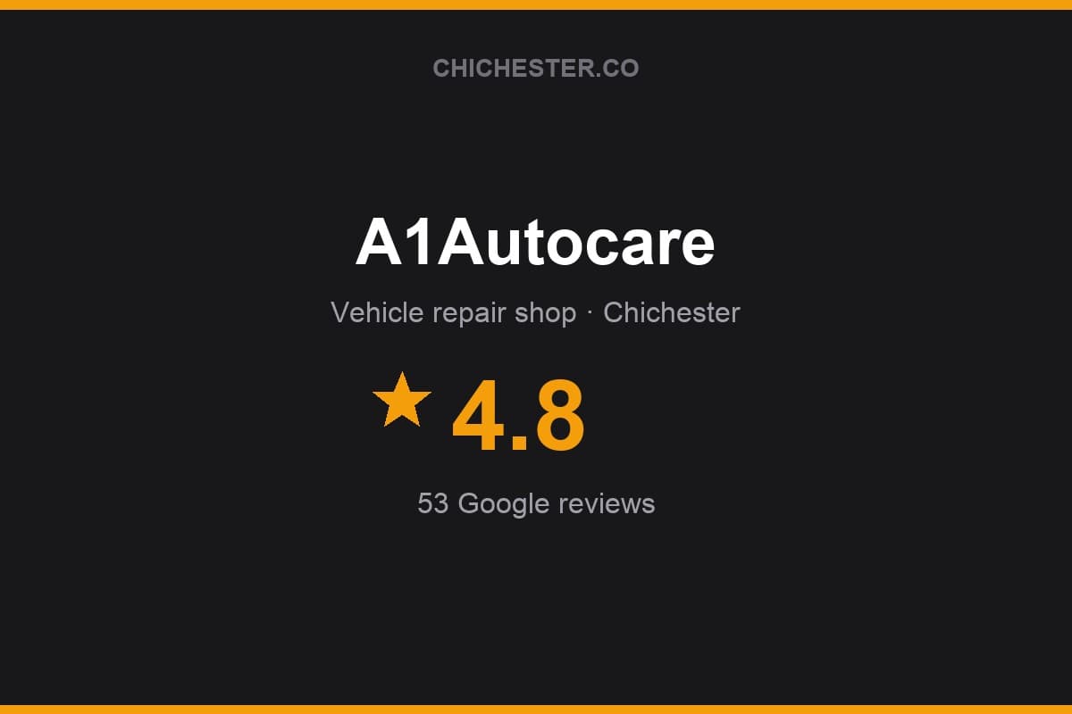 Branded Chichester Directory rating card for A1Autocare: 4.8 stars, 53 Google reviews