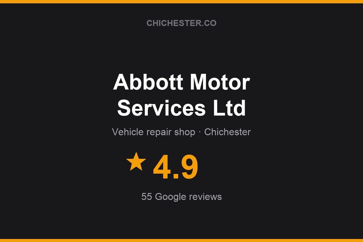 Branded Chichester Directory rating card for Abbott Motor Services Ltd: 4.9 stars, 55 Google reviews