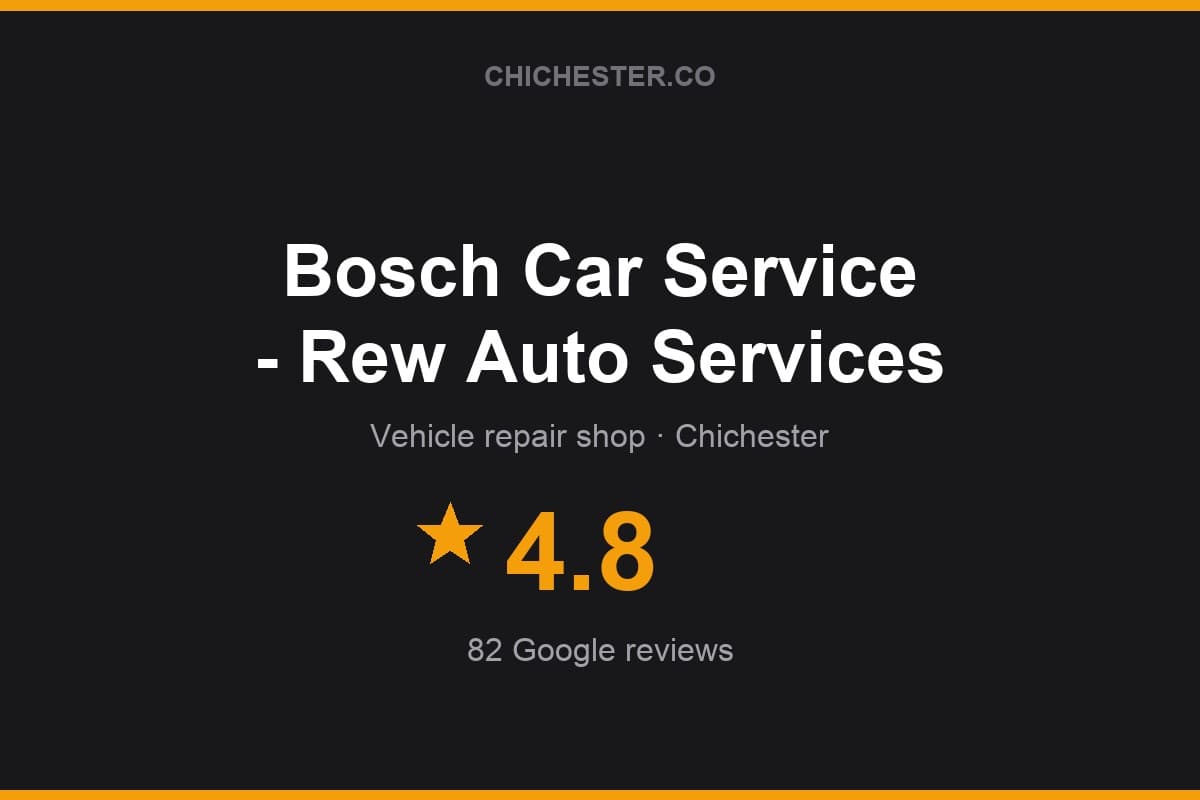 Branded Chichester Directory rating card for Bosch Car Service - Rew Auto Services: 4.8 stars, 82 Google reviews