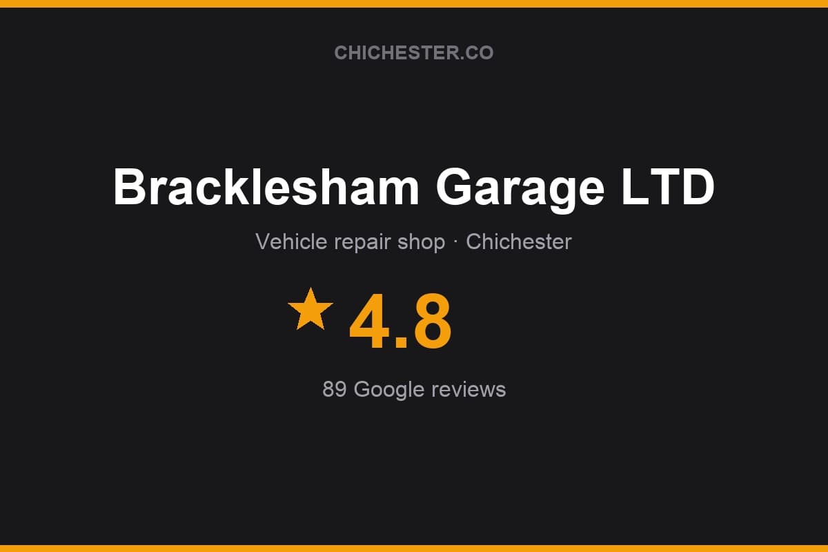 Branded Chichester Directory rating card for Bracklesham Garage LTD: 4.8 stars, 89 Google reviews