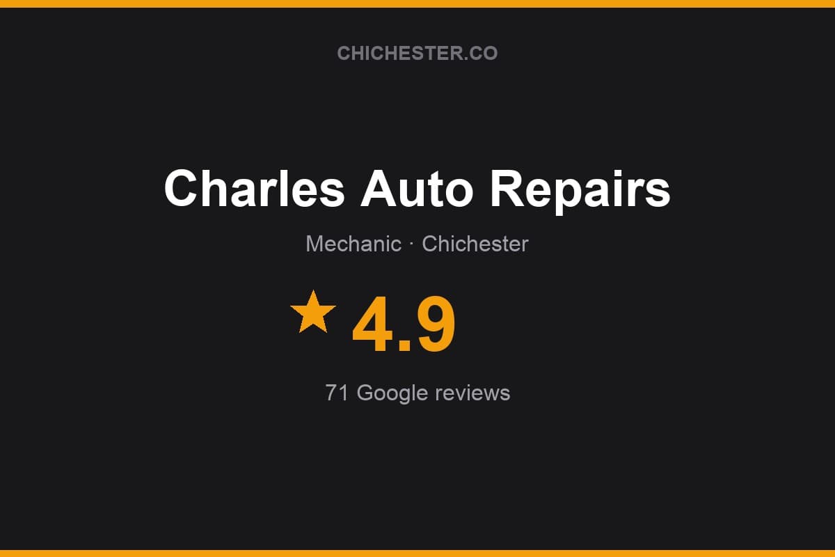 Branded Chichester Directory rating card for Charles Auto Repairs: 4.9 stars, 71 Google reviews