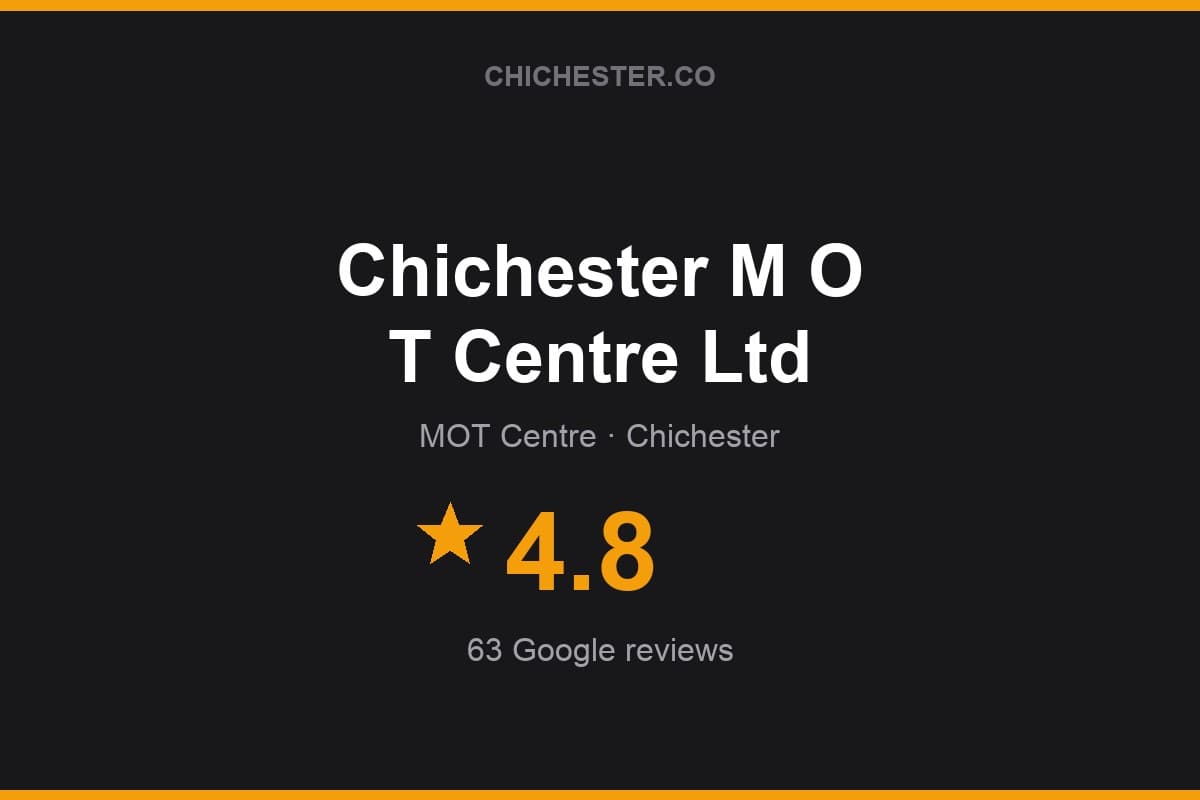 Branded Chichester Directory rating card for Chichester M O T Centre Ltd: 4.8 stars, 63 Google reviews
