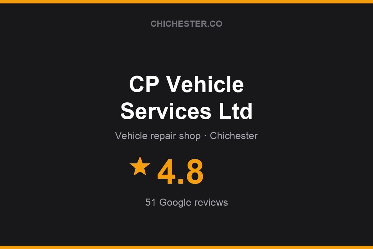 Branded Chichester Directory rating card for CP Vehicle Services Ltd: 4.8 stars, 51 Google reviews