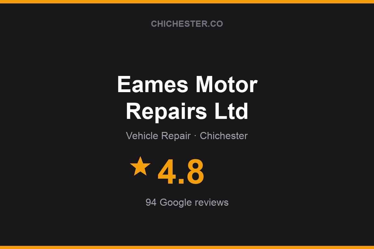 Branded Chichester Directory rating card for Eames Motor Repairs Ltd: 4.8 stars, 94 Google reviews