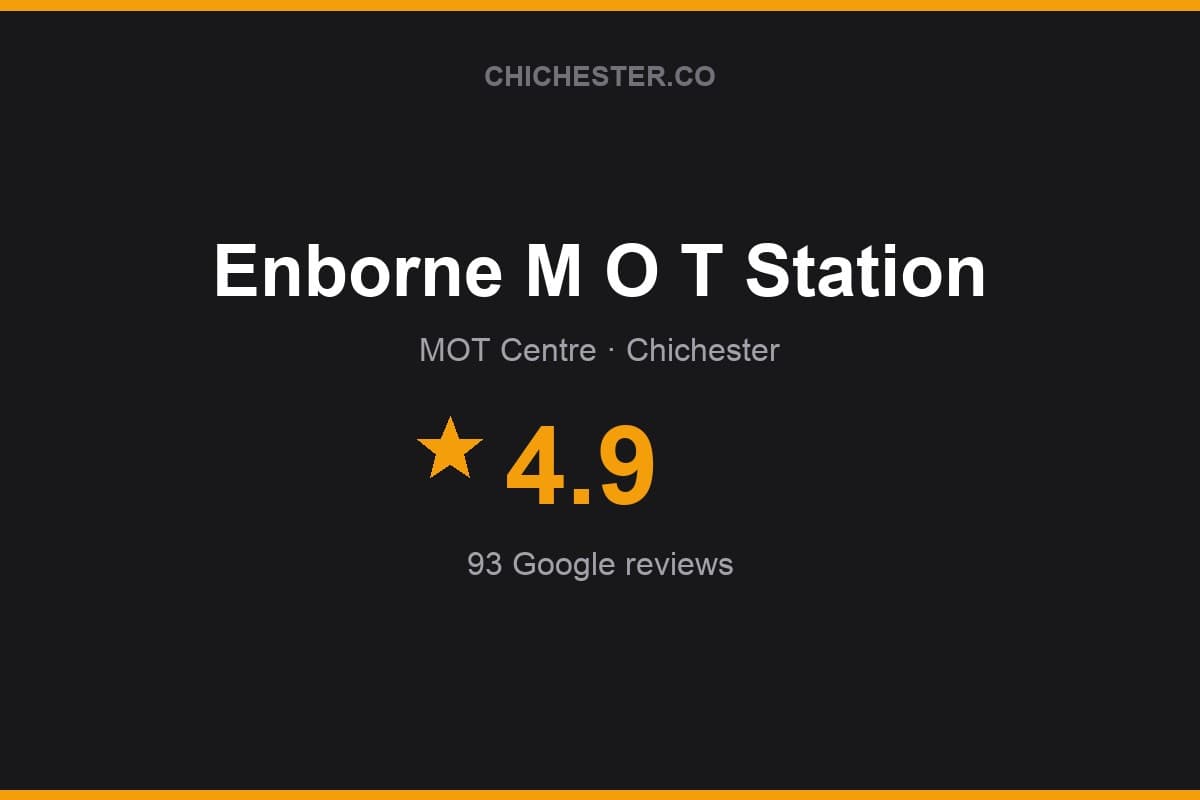 Branded Chichester Directory rating card for Enborne M O T Station: 4.9 stars, 93 Google reviews
