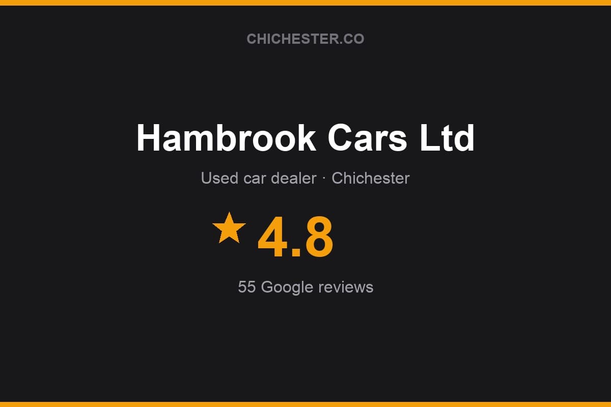 Branded Chichester Directory rating card for Hambrook Cars Ltd: 4.8 stars, 55 Google reviews