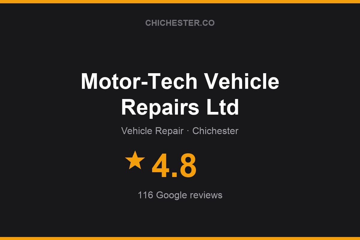 Branded Chichester Directory rating card for Motor-Tech Vehicle Repairs Ltd: 4.8 stars, 116 Google reviews