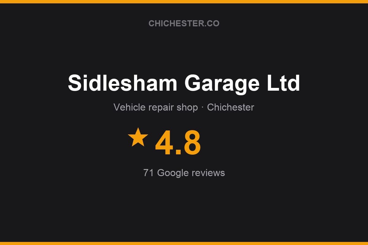 Branded Chichester Directory rating card for Sidlesham Garage Ltd: 4.8 stars, 71 Google reviews
