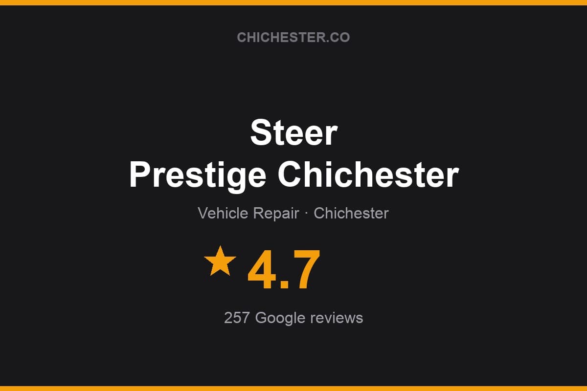 Branded Chichester Directory rating card for Steer Prestige Chichester: 4.7 stars, 257 Google reviews