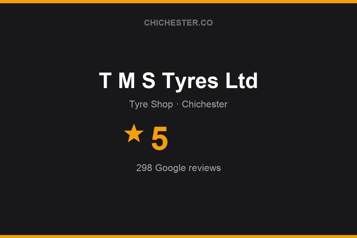 Branded Chichester Directory rating card for T M S Tyres Ltd: 5 stars, 298 Google reviews